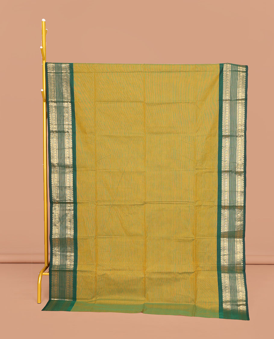 Green Plain Chettinad Cotton Saree, Complemented by Contrast Traditional Zari Design Border, Pallu of Stripes, and Paired with a Matching Blouse
