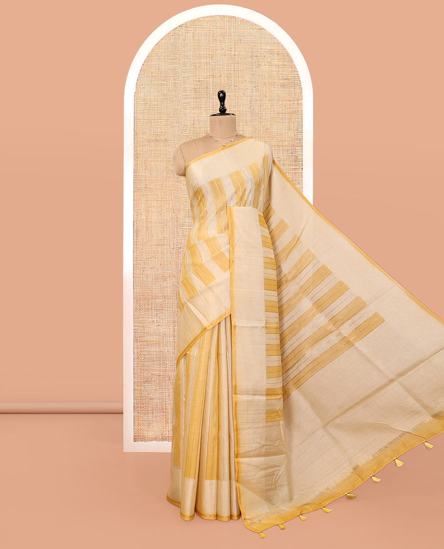 Yellow Fancy Tussar Saree, Accentuated with Stripes, a Subtle Plain Border, Plain Pallu, and a Matching Blouse