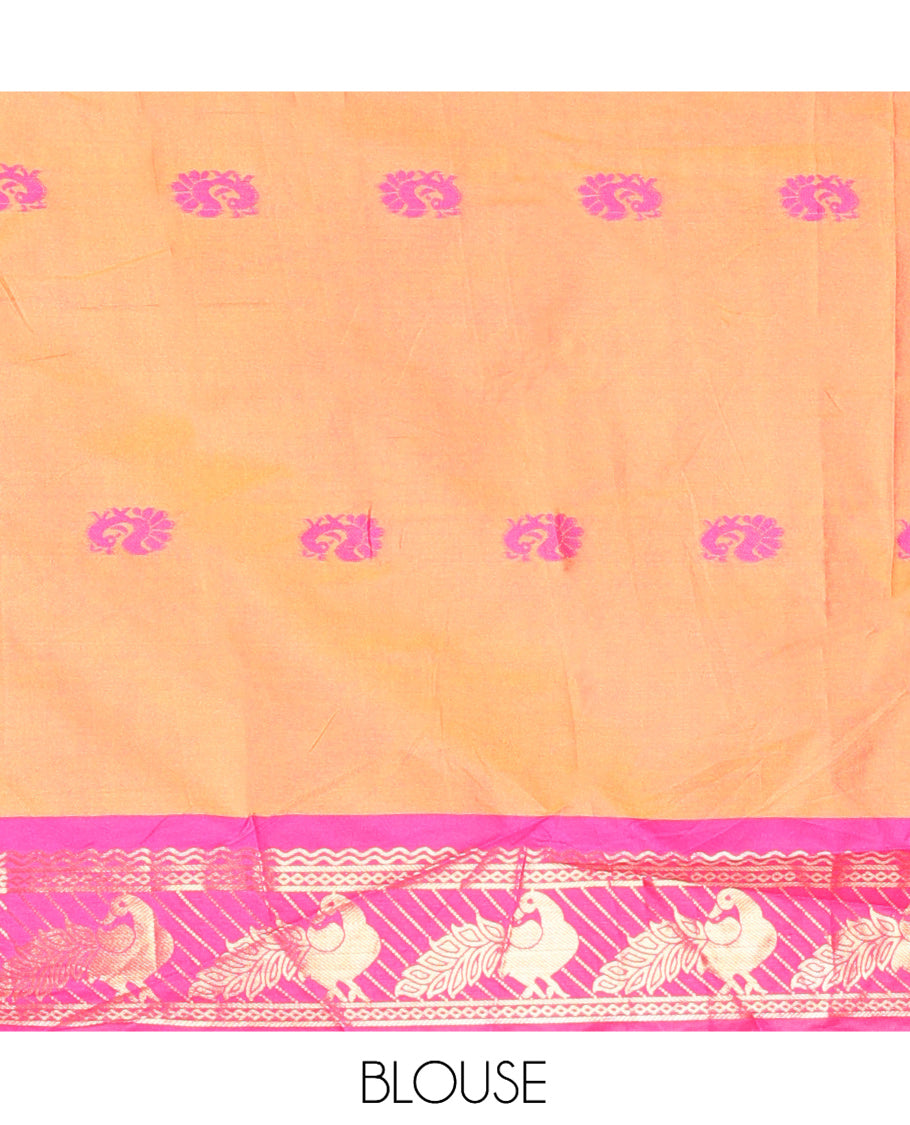 Parrot Green-Pink Peacock Buttas Semi-Soft Silk Saree, Contrast Peacock Border, Buttas Pallu, Matching Blouse