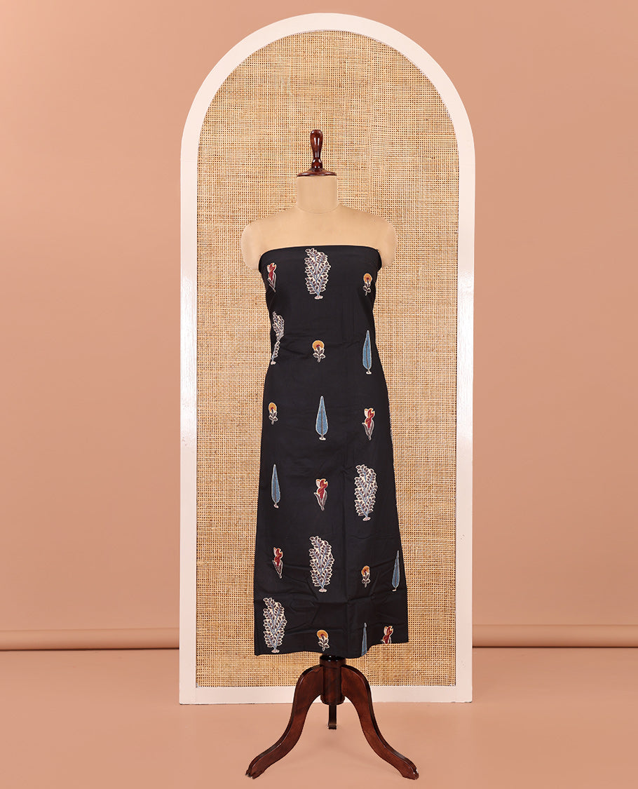 Black Jaipur Cotton Material Chudidar Set, Unique Floral Block-Printed Top, Contrast Bottom, and Plain Dupatta
