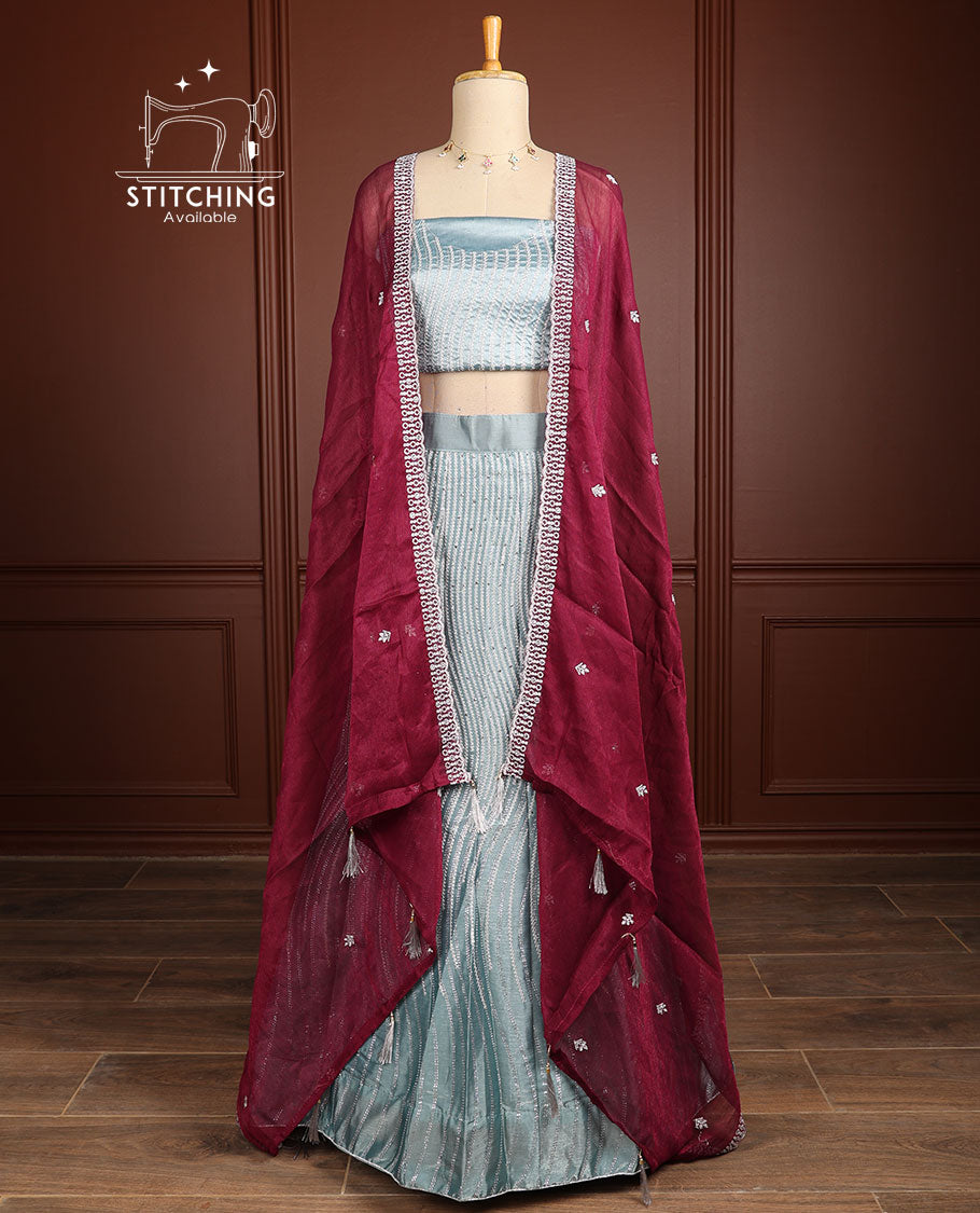 Blue floral jacquard half saree with contrast intricate zari design border, zari designb louse & floral embroidery scallop border dhavani