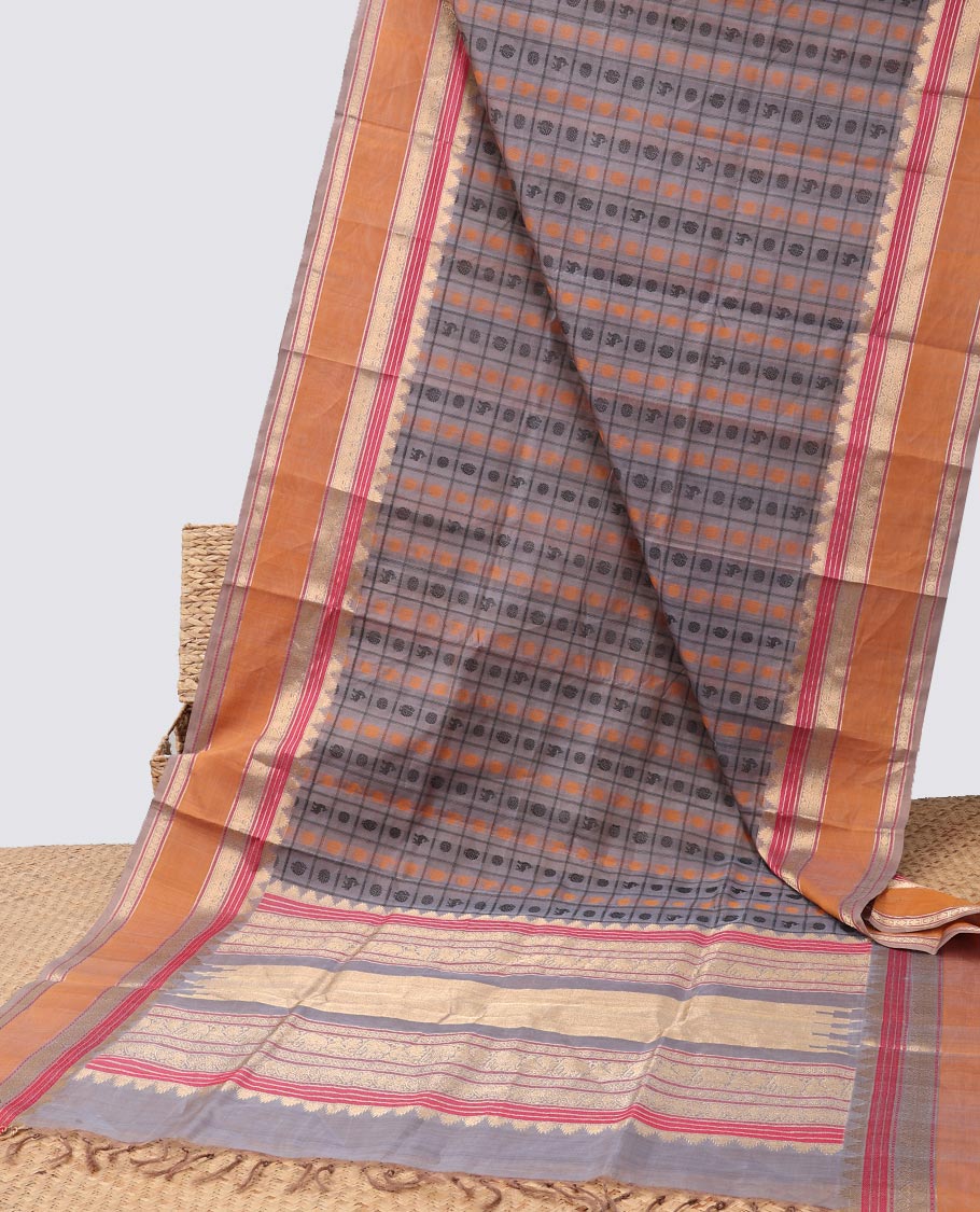 Grey motifs enclosed with checked cotton silk saree with contrast striped border & zari bhavanji pallu