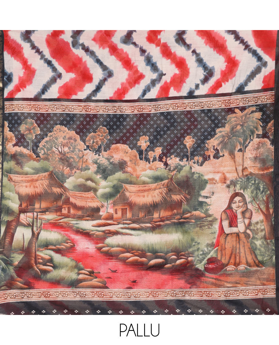 Red Muslin Cotton Saree Elevated with Zig-Zag Shibori Patterns Prints, Complemented by a Contrast Border of Deer Motifs in Zari, Pallu Decked Up with Scenery Print, and Paired with a Contrast Polka Dots Printed Blouse