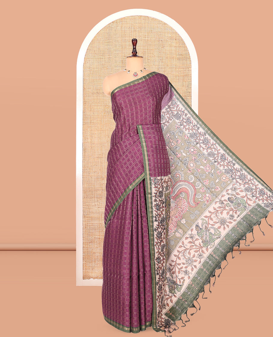 Wine Fancy Tussar Silk Saree, Adorned with Checked Design, Contrast Piping Zari Border, Pallu of Kalamkari Peacock Motifs, and Contrast Kalamkari Printed Blouse