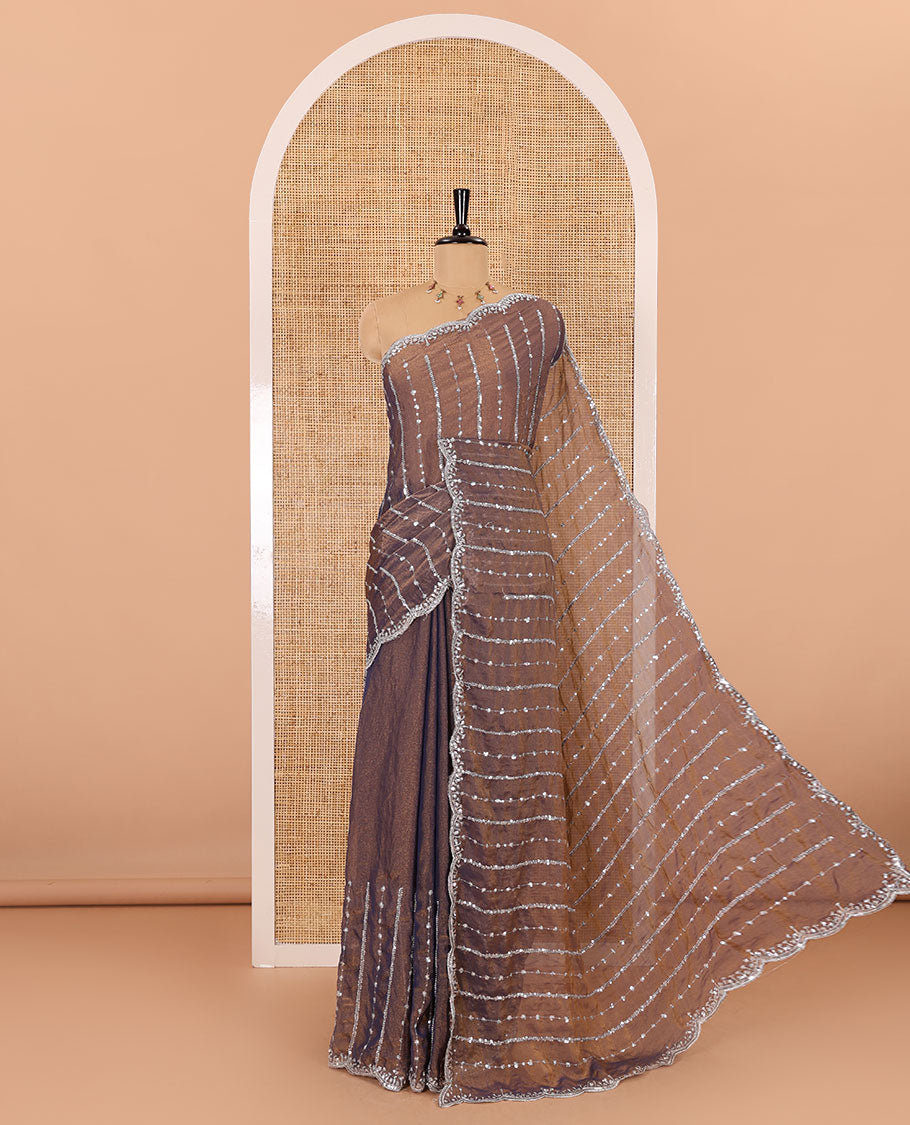 Navy blue vertical stripes embroidered shimmer chiffon saree, scallop embroidered border, embroidered pallu, and fancy embroidered matching blouse