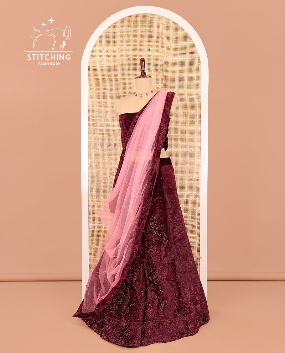 Maroon Velvet Half-Saree Features Swarovski Stonework Skirt, Matching Stonework Blouse, Contrast Net Dhavani