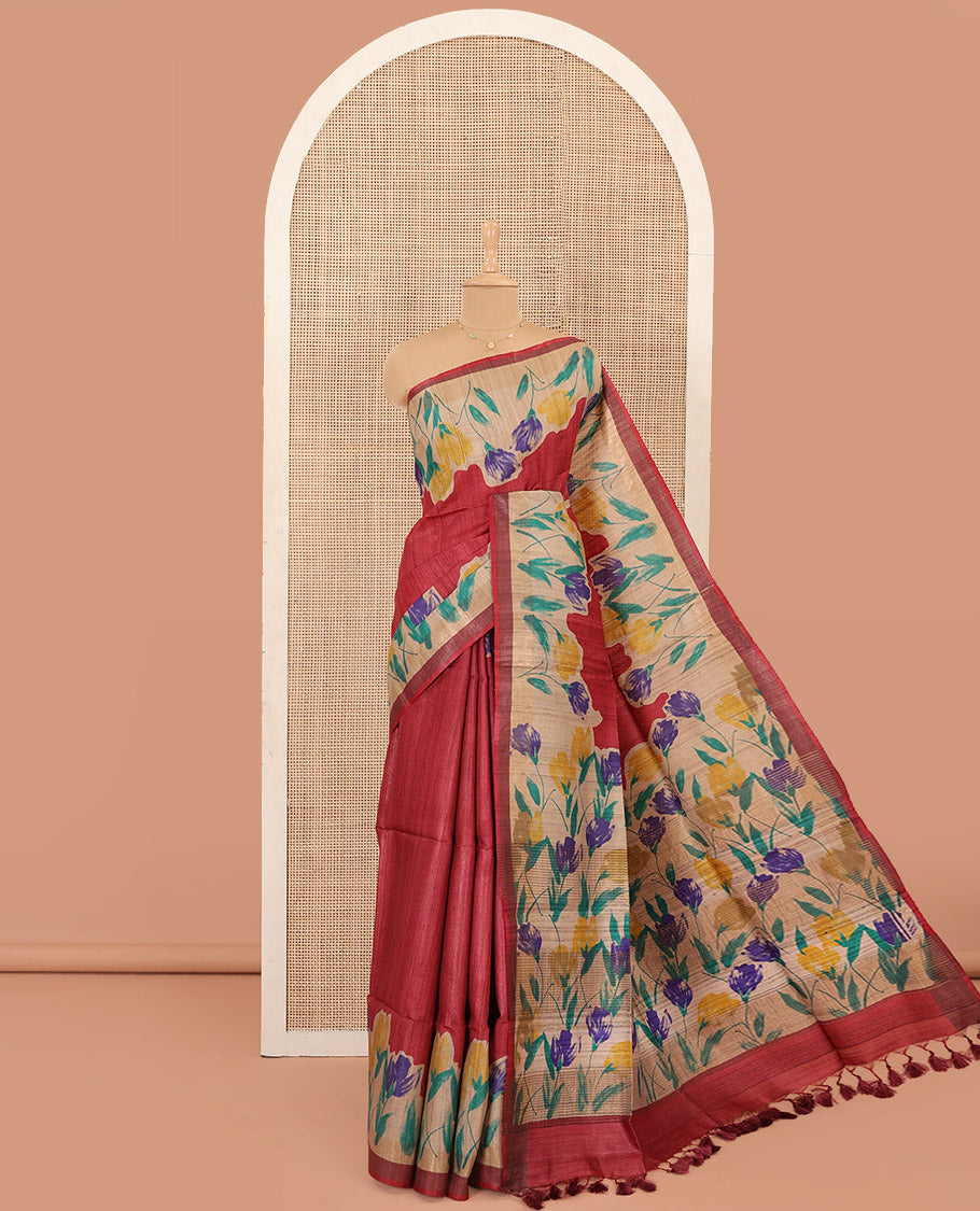 Red Plain Tussar Silk Saree Colorfully Printed with Hand-Brush Painting-Style Floral Motifs, Pallu Beautified with Floral Print, and Paired with a Plain Blouse