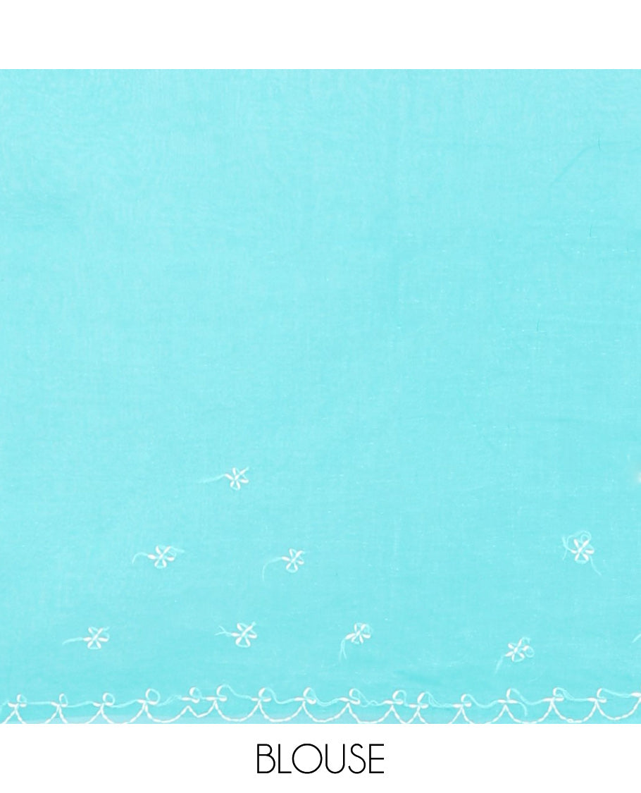 Blue floral embroidery lucknowi chikankari cotton saree,self-border & pallu of floral & paisley embroidery