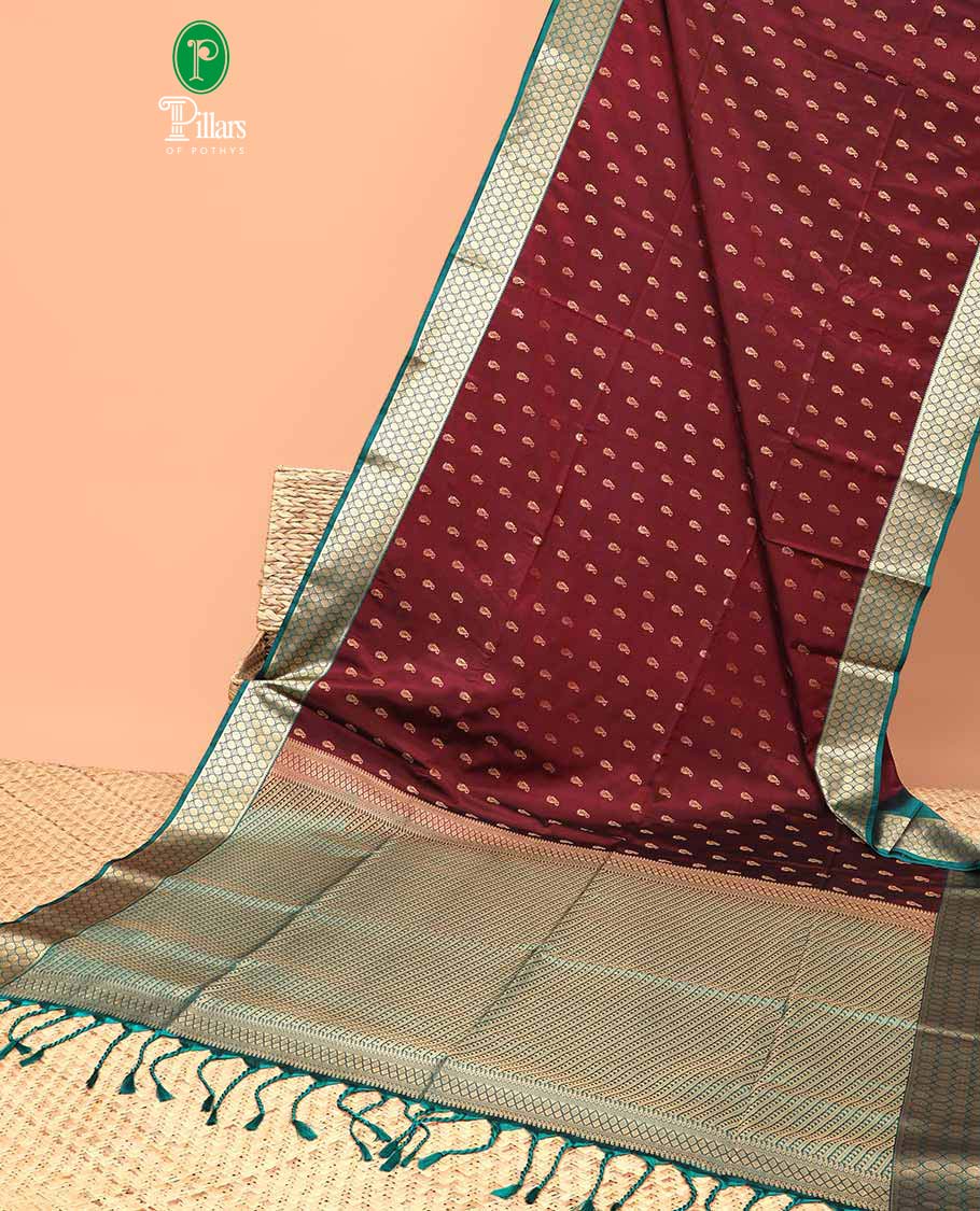 maroon gold zari small manga buttas fancy softy silk saree with contrast rudrashra design zari waeving border & rich brocade style weaving pallu along with mango self butta blouse