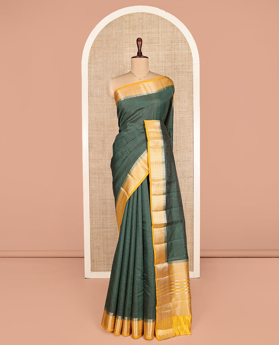 Green Dupion Silk Saree, Detailed with Zari Micro-Checks, Complemented by a Contrast Traditional Zari Design Border, Zari Striped Pallu, and a Contrast Blouse