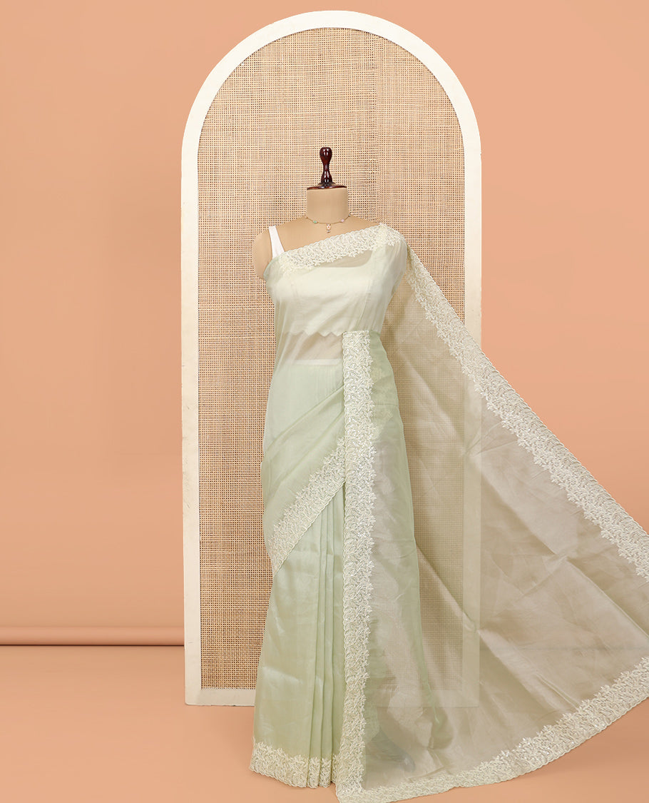 Pale Green Plain Organza Saree, a Subtle Scallop Floral-Embroidered Border, and Matching Blouse