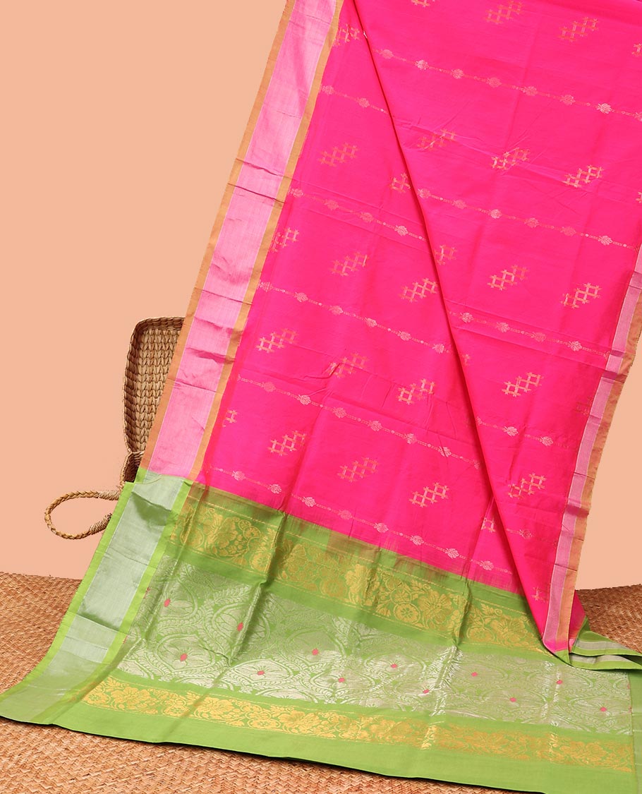 Pink kupadam cotton saree with zari buttas, contrast plain border & pallu of intricate designs