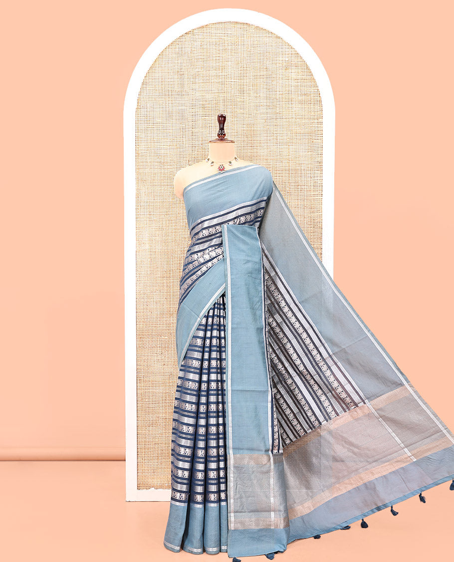 Navy Blue Organza Saree, Richly Zari Detailed with Geometric and Elephant Motifs All Over Its Body, Complemented by Captivating Contrast Zari Border, Zari Decked Up Pallu, and Paired with a Contrast Blouse