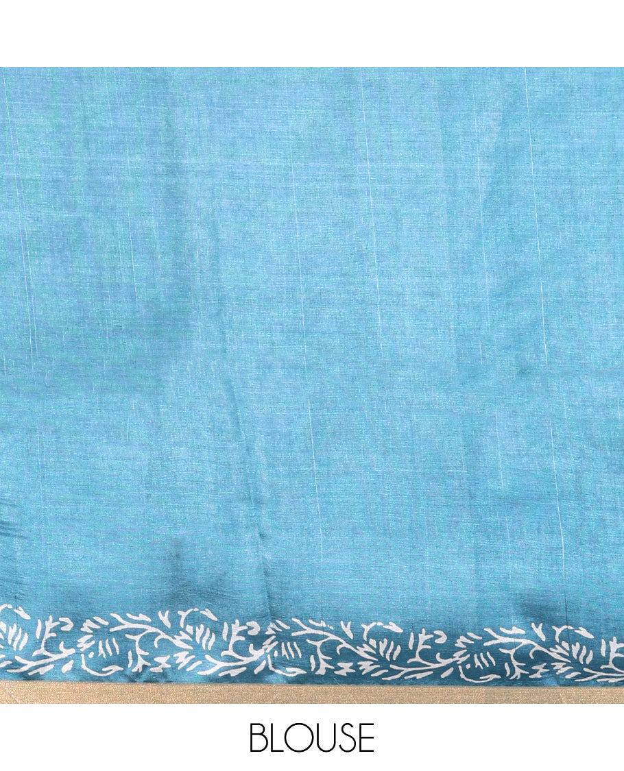 Blue Banana Pith Saree Graced with Floral Motifs Discharge Print All Over Its Body, Zari Bavanji Border, Pallu Subtly Woven in Floral-Tree Print and Zari Weave, and Paired with a Matching Blouse