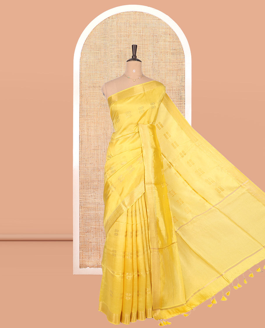 Yellow Banana Pith Saree, Subtly Sparkled with Buttas, a Zari Temple Border, Striped Pallu, and Matching Blouse