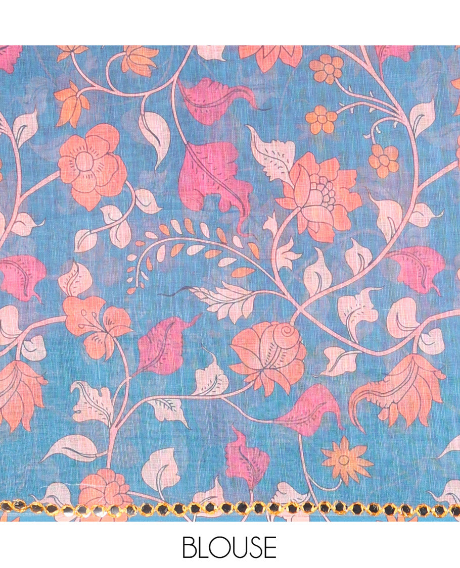Baby Pink Plain Linen Cotton Saree, Contrast Plain Scallop Border, a Self-Pallu, and Contrast Kalamkari Printed Blouse