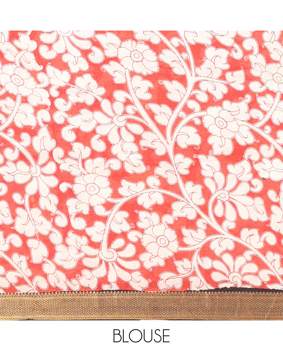 Light Sandal Kalamkari Cotton Saree, Graced with Human Figurine Print, Contrast Traditional Zari Border, Peacock Pallu, and a Contrast Blouse
