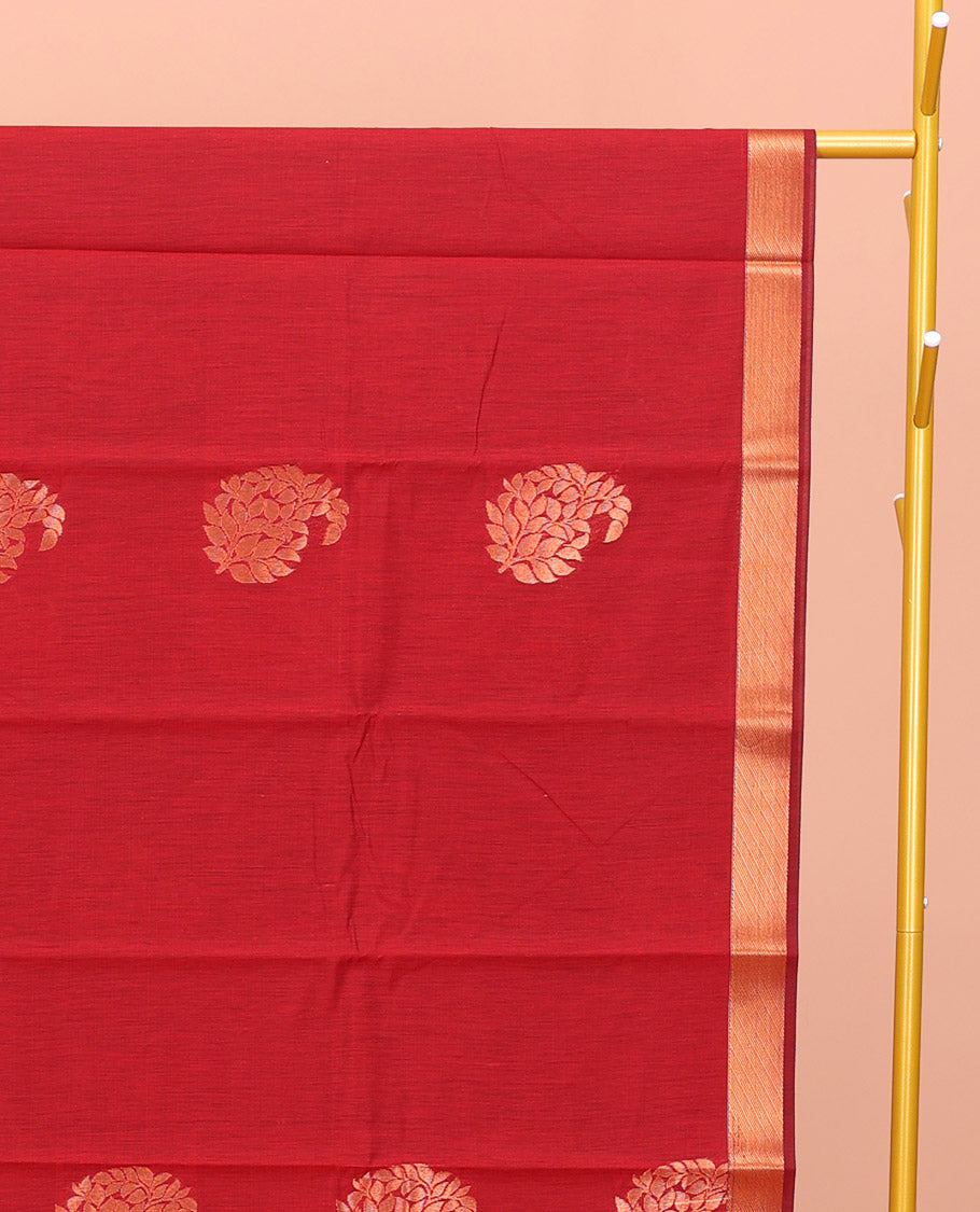 Red Semi-Silk Cotton Saree, Elevated with Paisley Zari Buttas All Over Its Body, Highlighted by a Zari Border, Pallu of Floral and Paisley Design, and Paired with a Matching Blouse