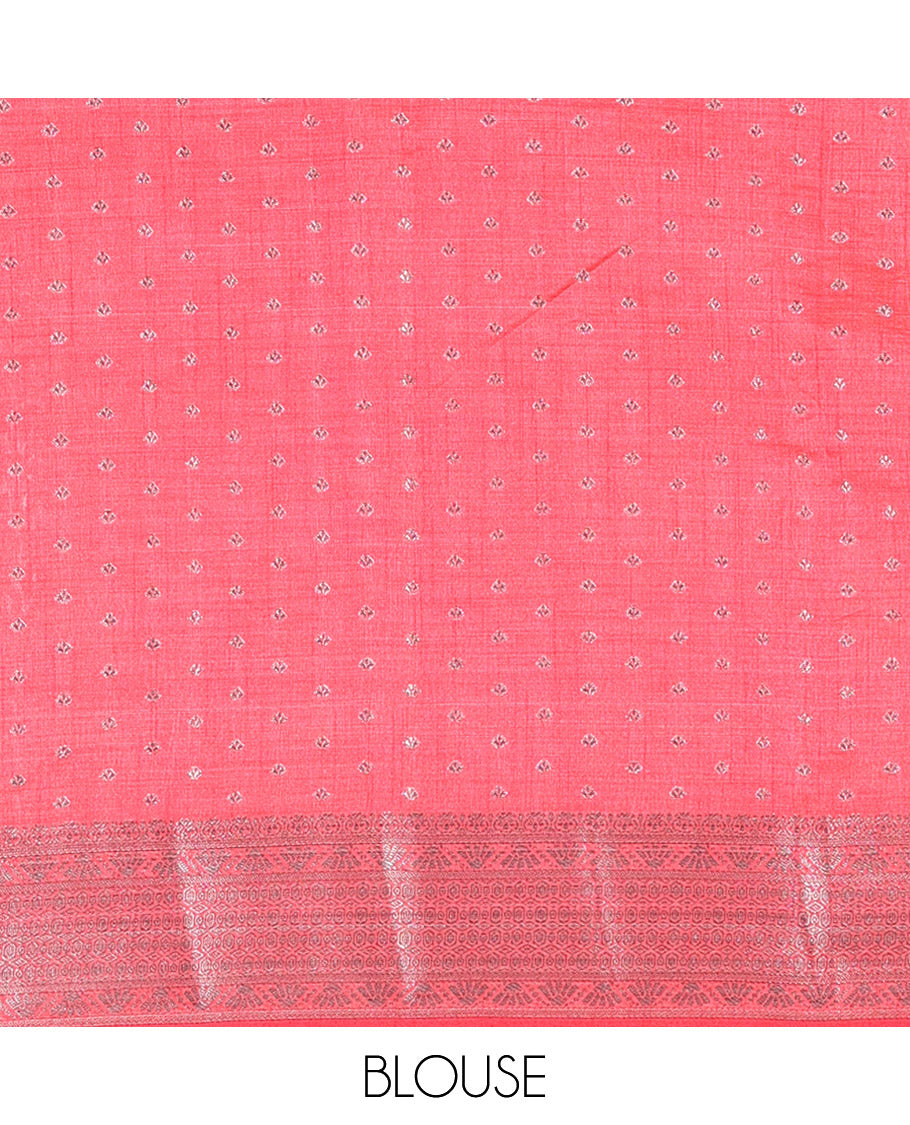 Pink Semi Tussar Saree Adorned with Zari Buttas All Over the Body, a Hazily Woven Border of Traditional Designs, Pallu Steeped with Zari Buttas and Zari Stripes, and Paired with a Matching Blouse