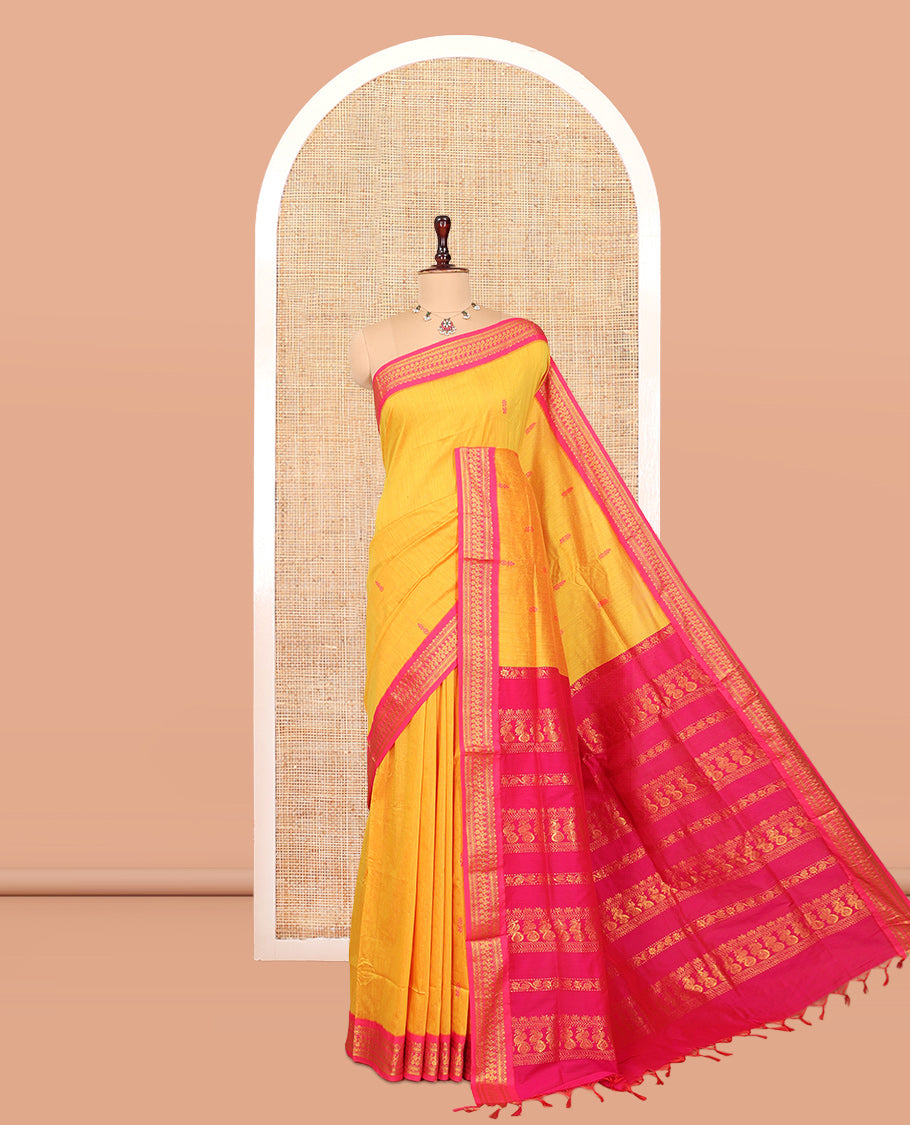 Yellow Kalyani Cotton Saree, Woven with Thread Buttas, Complemented by a Contrast Traditional Border, Traditional Pallu, and a Contrast Blouse