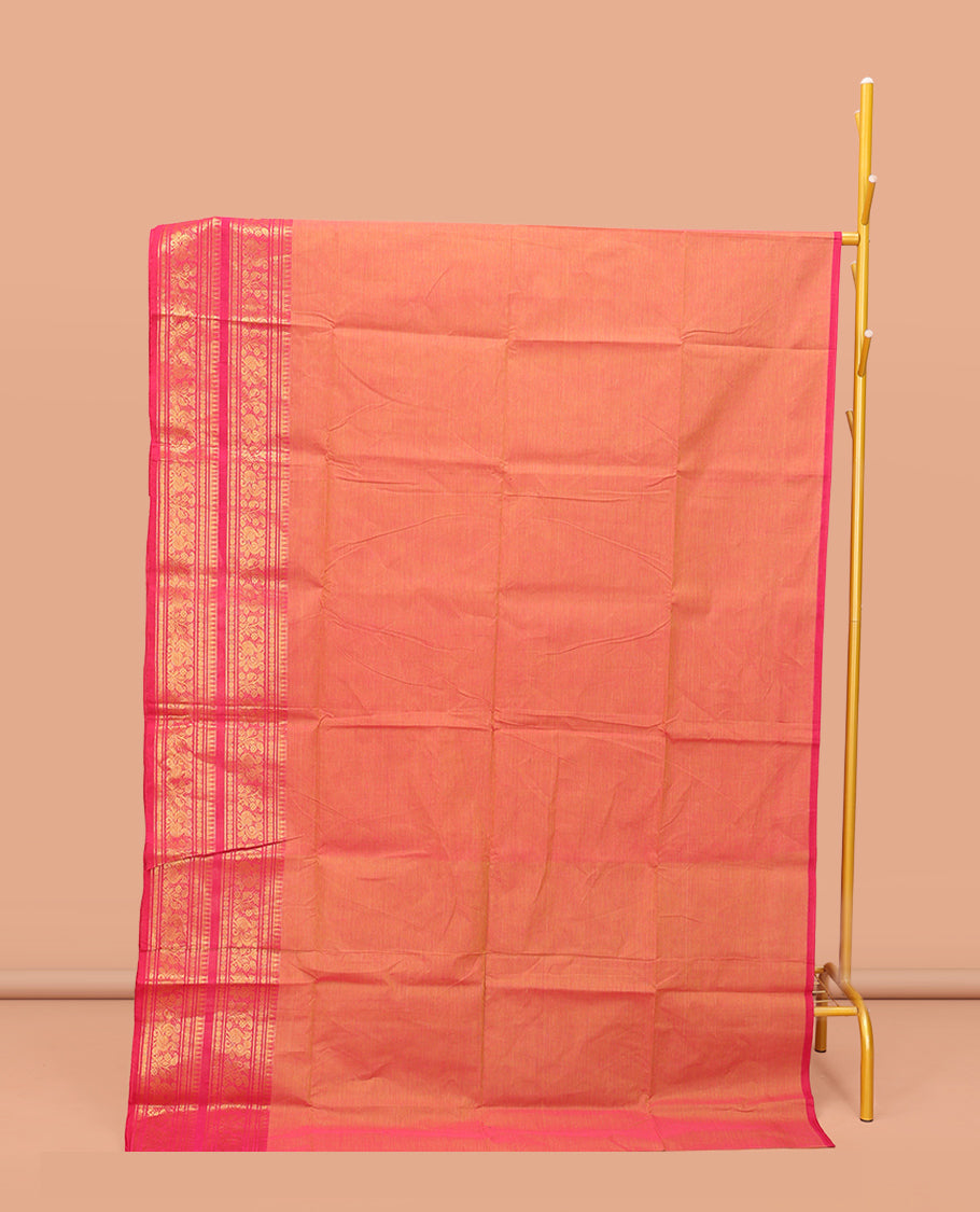 Pink-Orange Plain Chettinad Cotton Saree, Complemented by a Contrast Traditional Zari Border of Peacock Designs, Striped Pallu, and Paired with a Matching Blouse