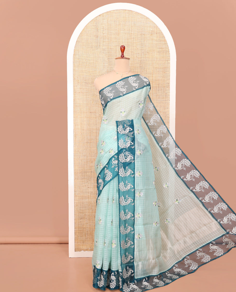 Blue Tissue Saree, Majestically Detailed with Checks and Floral Embroidery, a Contrast Peacock Border, Matching Blouse