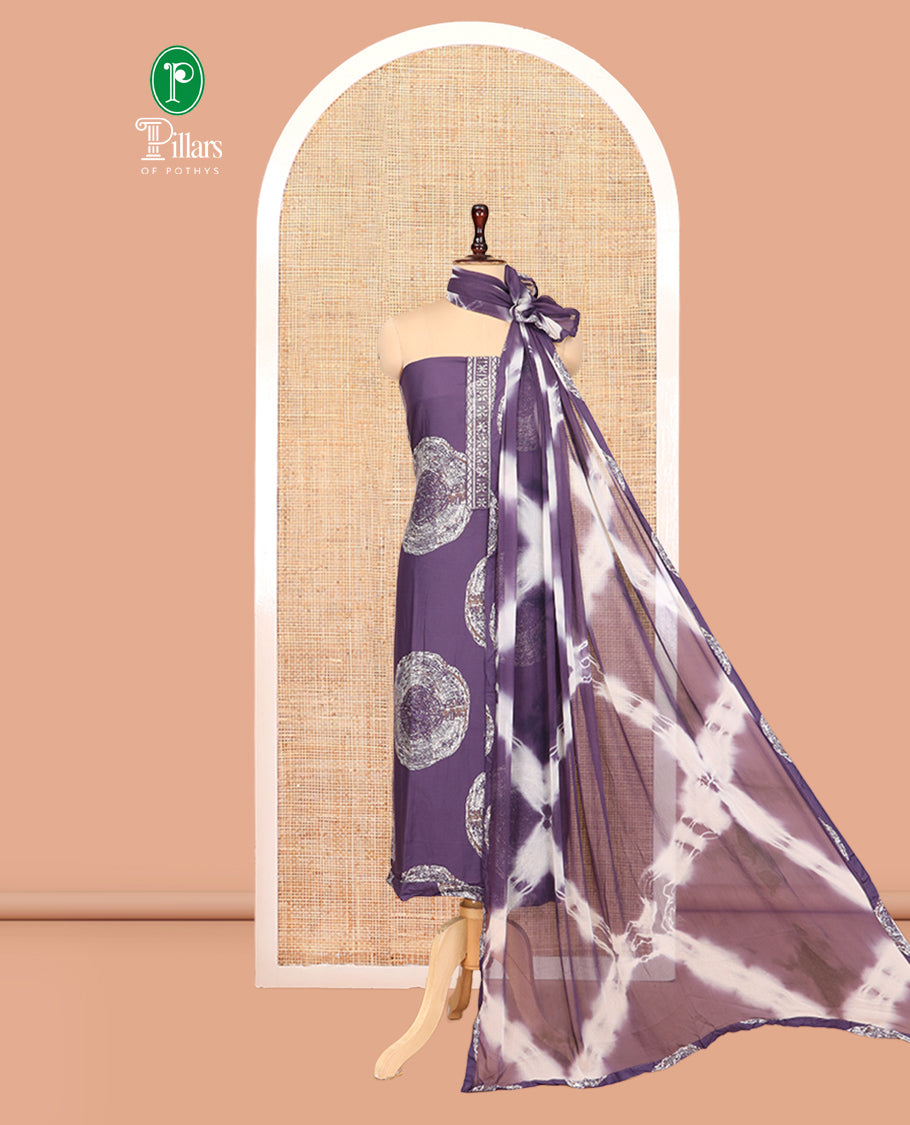 Dark Lavender Rayon Material Churidar Features Circle Buttas and Neck Embroidery Top, a Contrast Bottom, Shibori Printed Dupatta
