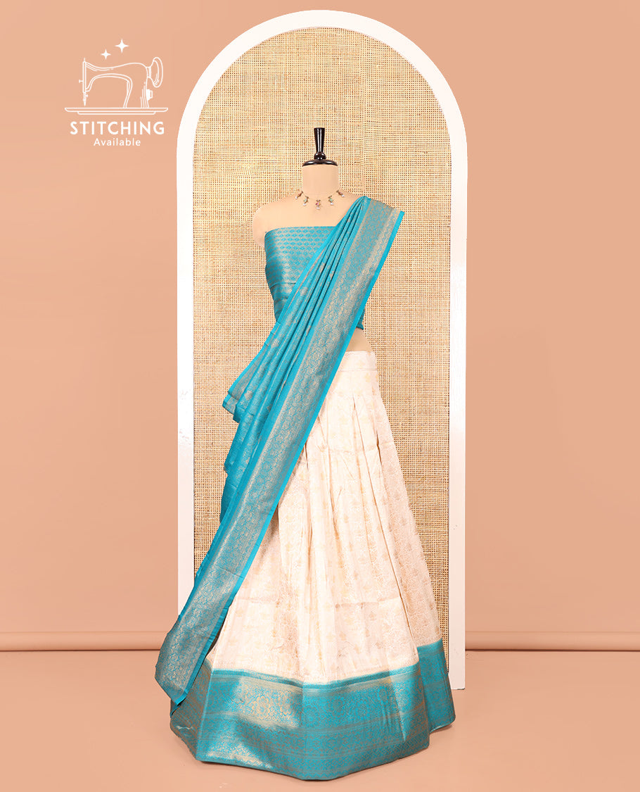 Cream-Anantha Blue Banarasi Softy Half-Saree Features Jacquard, Contrast Traditional Border, Jacquard Blouse, Intricate Dhavani
