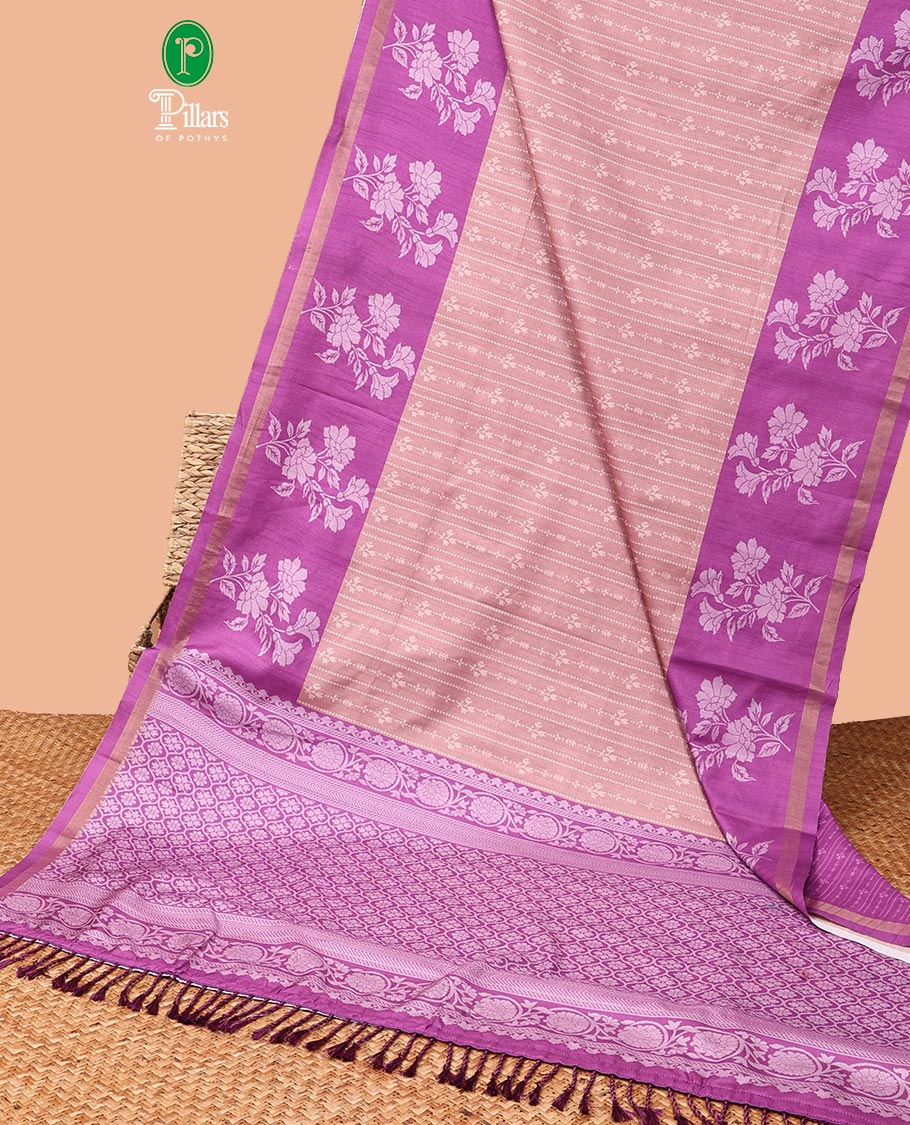 onion pink all-over standing vertical lining printed katan silk saree with contrast double side floral printed design & weaving heavy rich pallu along with contrast printed pallu