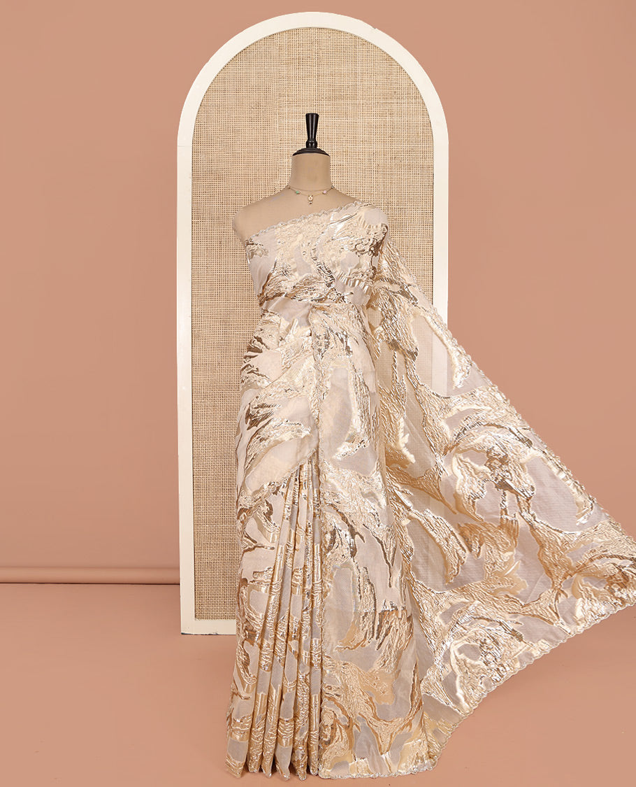 Gold Turkey Organza Saree Features Geometric Glitterwork, Scallop Beadwork Border, Embroidered Blouse