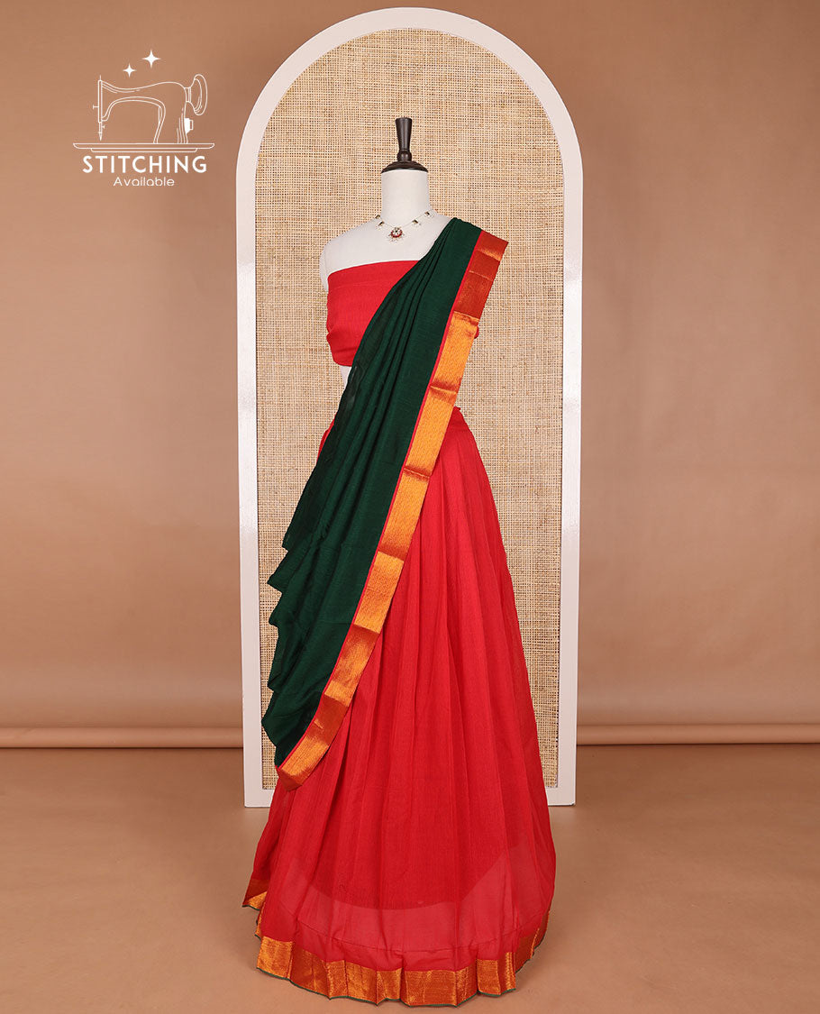 Orange mercerised cotton daman zari border half saree with cotton blouse & georgette one side zari border