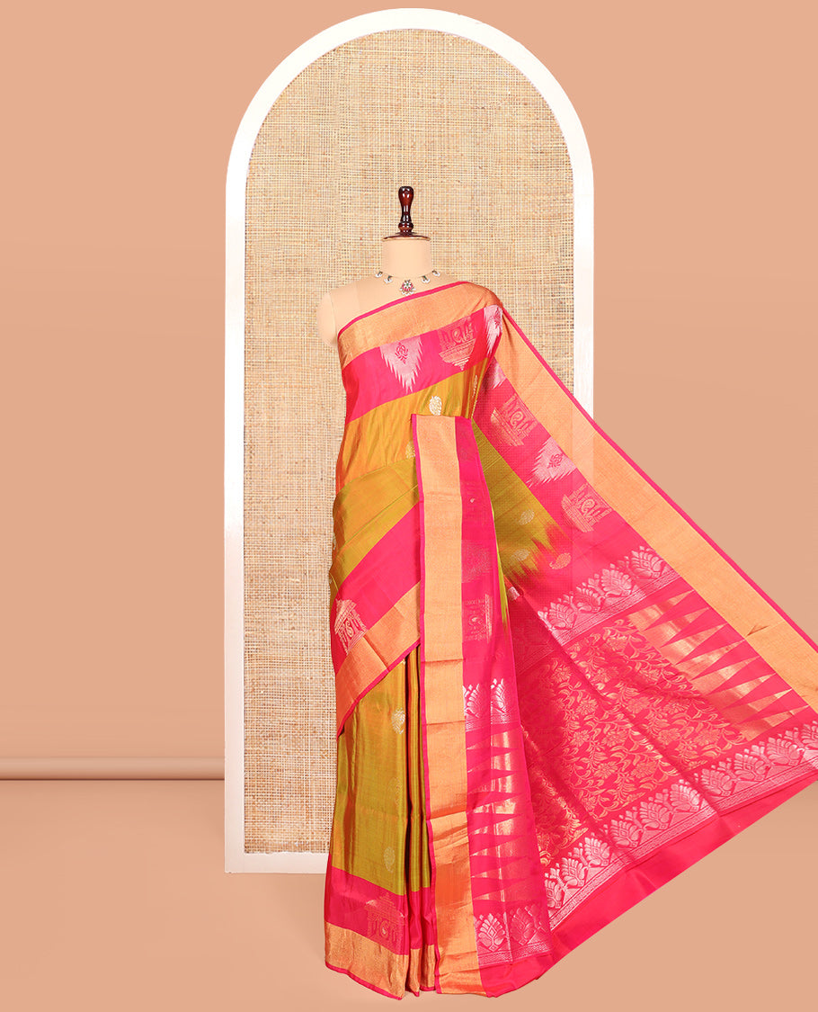Mustard Uppada Silk Saree, Embellished with Buttas, a Contrast Temple and Gopuram Border, Pallu of Temple and Floral Designs, and a Contrast Blouse