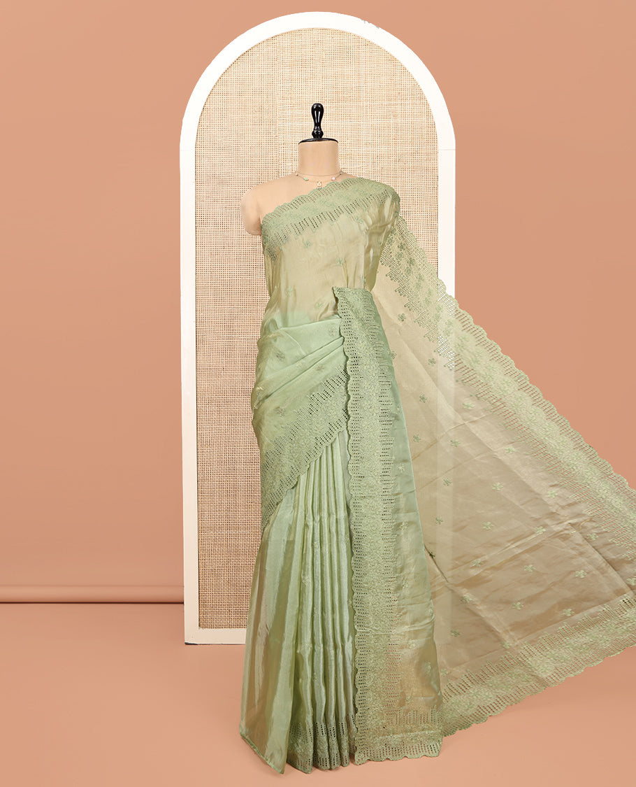 Green Designer Saree, Subtly Sparkled with Flower Thread Embroidery, Scallop Cut-Embroidered Border, and Embroidered Matching Blouse