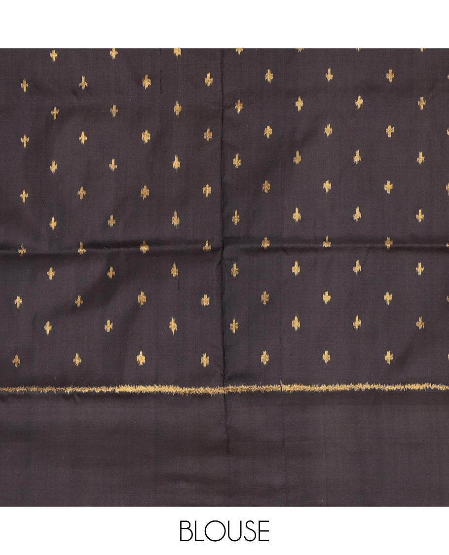 Sandal Plain Pochampally Ikat Silk Saree, Complemented by a Contrast Temple Border, Pallu of Big Polka Dot, and Paired with a Contrast Blouse