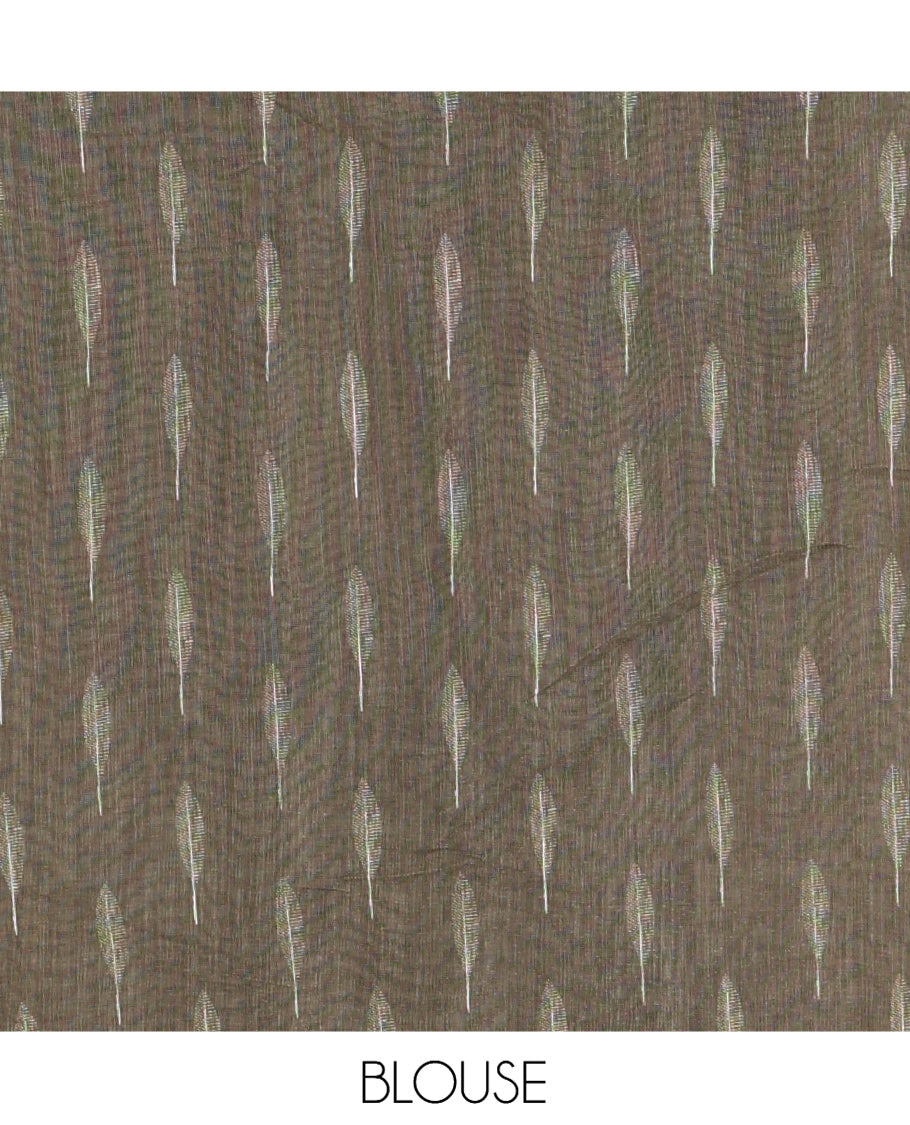 Olive Green Linen Cotton Saree Features Tree Print, a Zari Piping Border, and a Matching Blouse