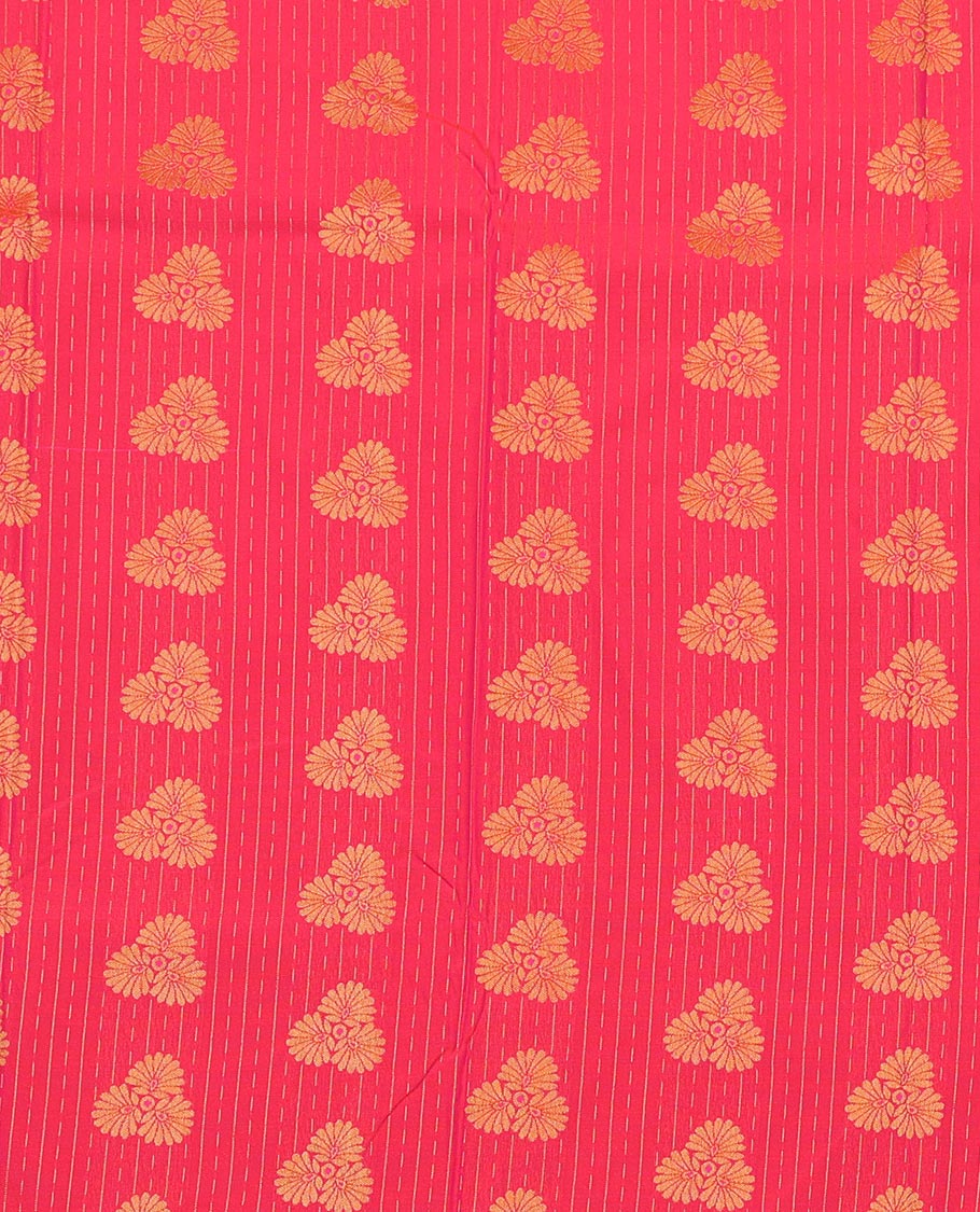 Pink Art Silk Pavadai Material Set Featuring Dotted Stripes and Floral Buttas on Its Skirt, Complemented by a Contrast Traditional Zari Design Border, and Paired with a Contrast Blouse