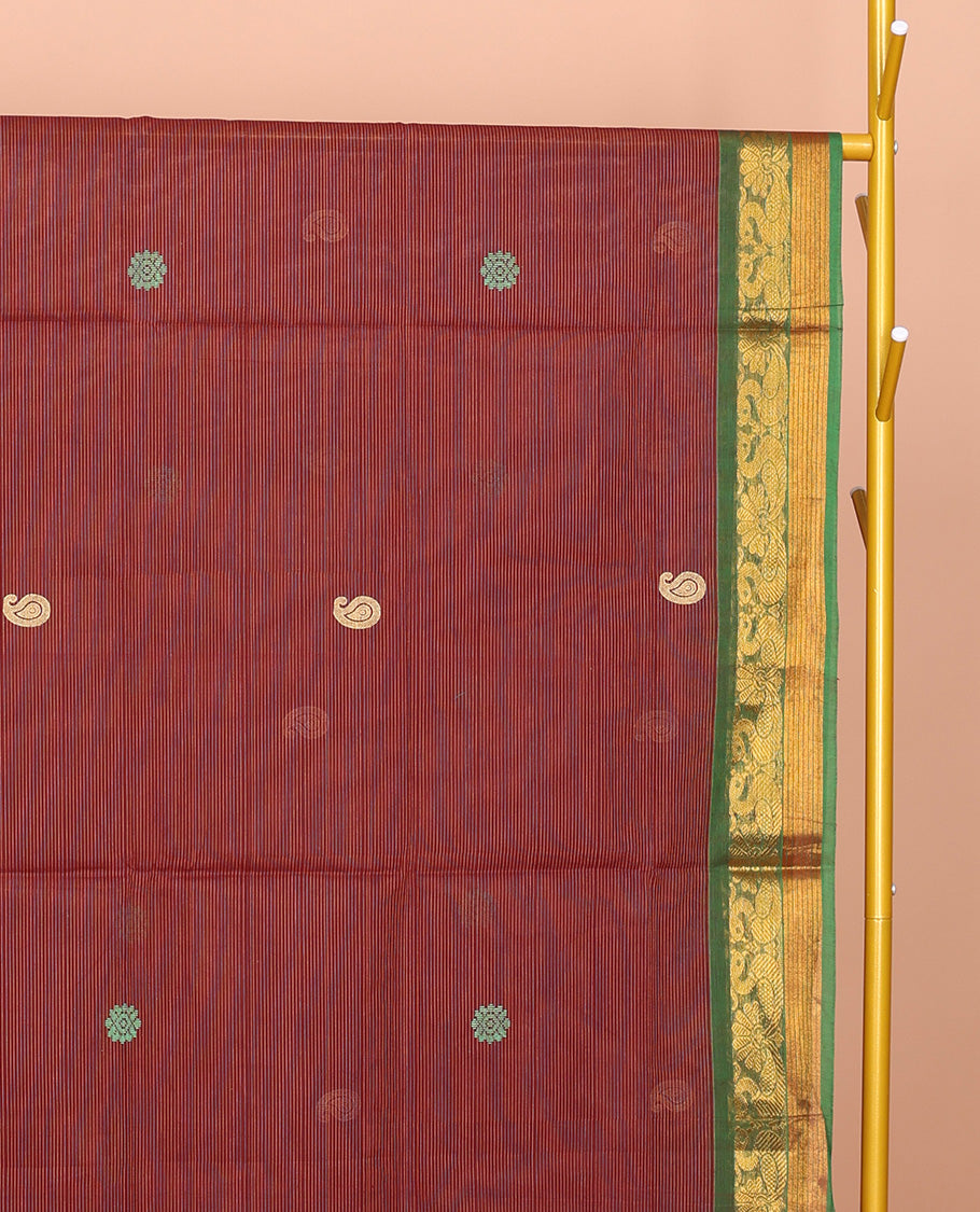 Red Venkatagiri Cotton Saree, Subtly Woven with Buttas, a Contrast Traditional Zari Border, Pallu of Buttas and Stripes, and No Blouse