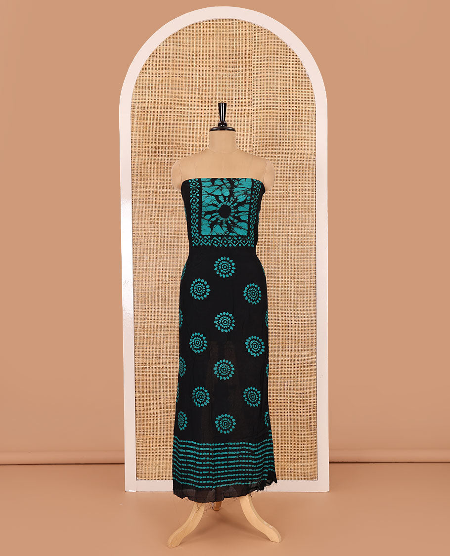 Black and rama material chudidar set, sun brust and chakra motifs hand block printed Viscose georgette top, contrast bottom, and hand block printed viscose georgette dupatta