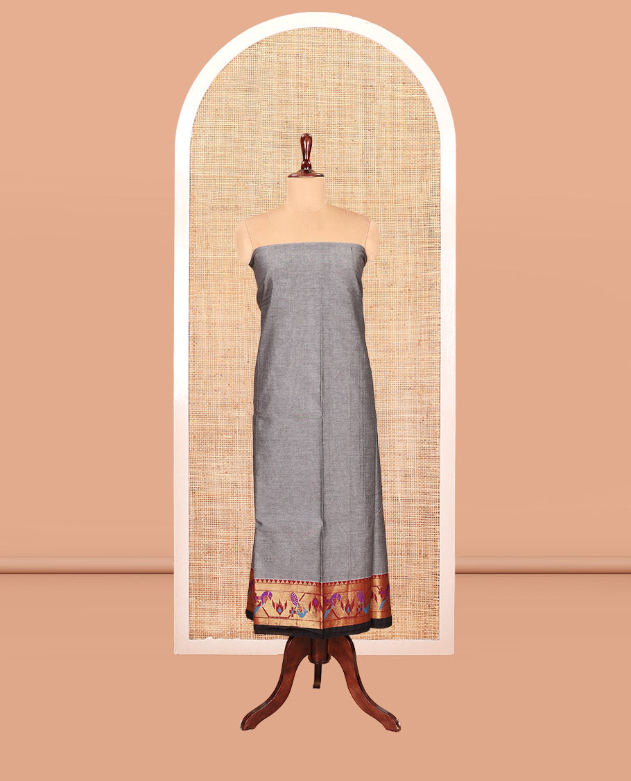 Grey Mercerised Cotton Material Chudidar Features Plain Top, Contrast Paithani Zari Border, a Plain Bottom and a Matching Dupatta