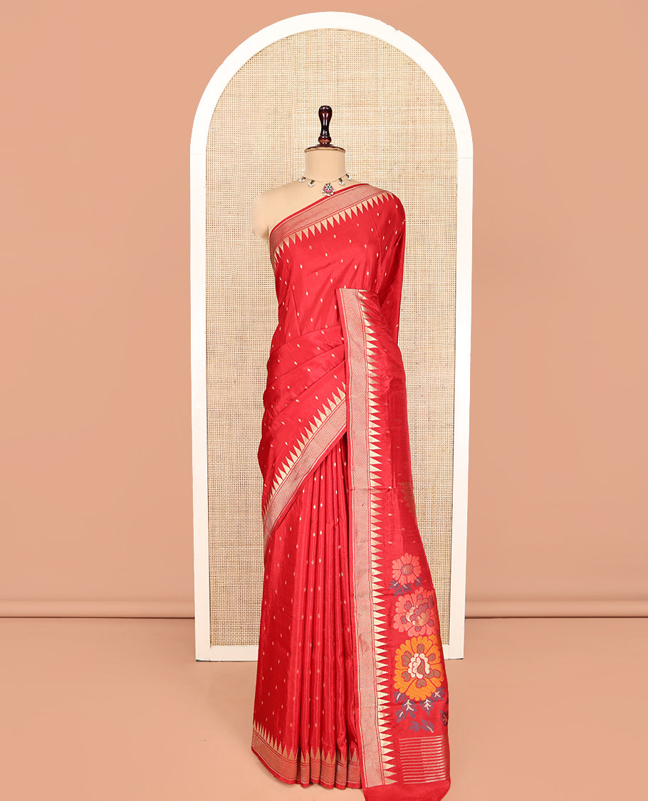 Red HO-Silk Saree, Elevated with Diamond Buttas All Over Its Body, Highlighted by Temple Border, Complemented by Pallu Depicting Floral and Crane Motifs, Paired with a Matching Blouse