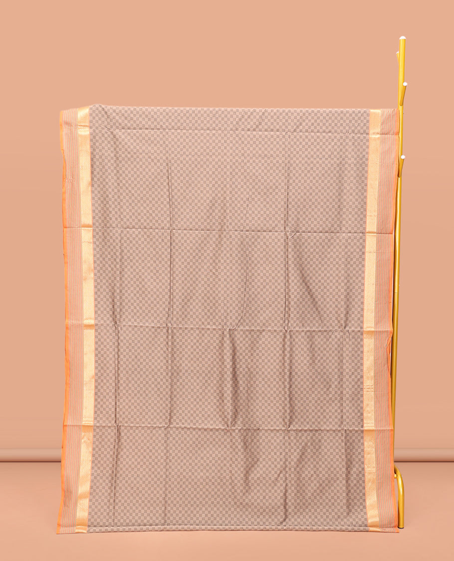 Brown Poly Cotton Saree, Bedecked with Checked Design on Its Body, Highlighted by a Traditional Zari Peacock-Eye Border, Complemented by Contrast Striped Pallu, and Paired with a Contrast Blouse