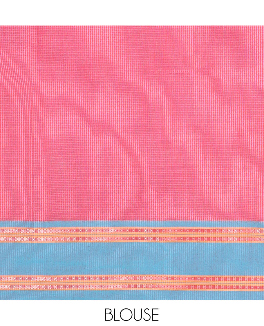 Pink Mercerised Cotton Saree, Subtly Sparkled with Checks, Contrast Rettai Pettu Border, Striped Pallu, and Matching Blouse