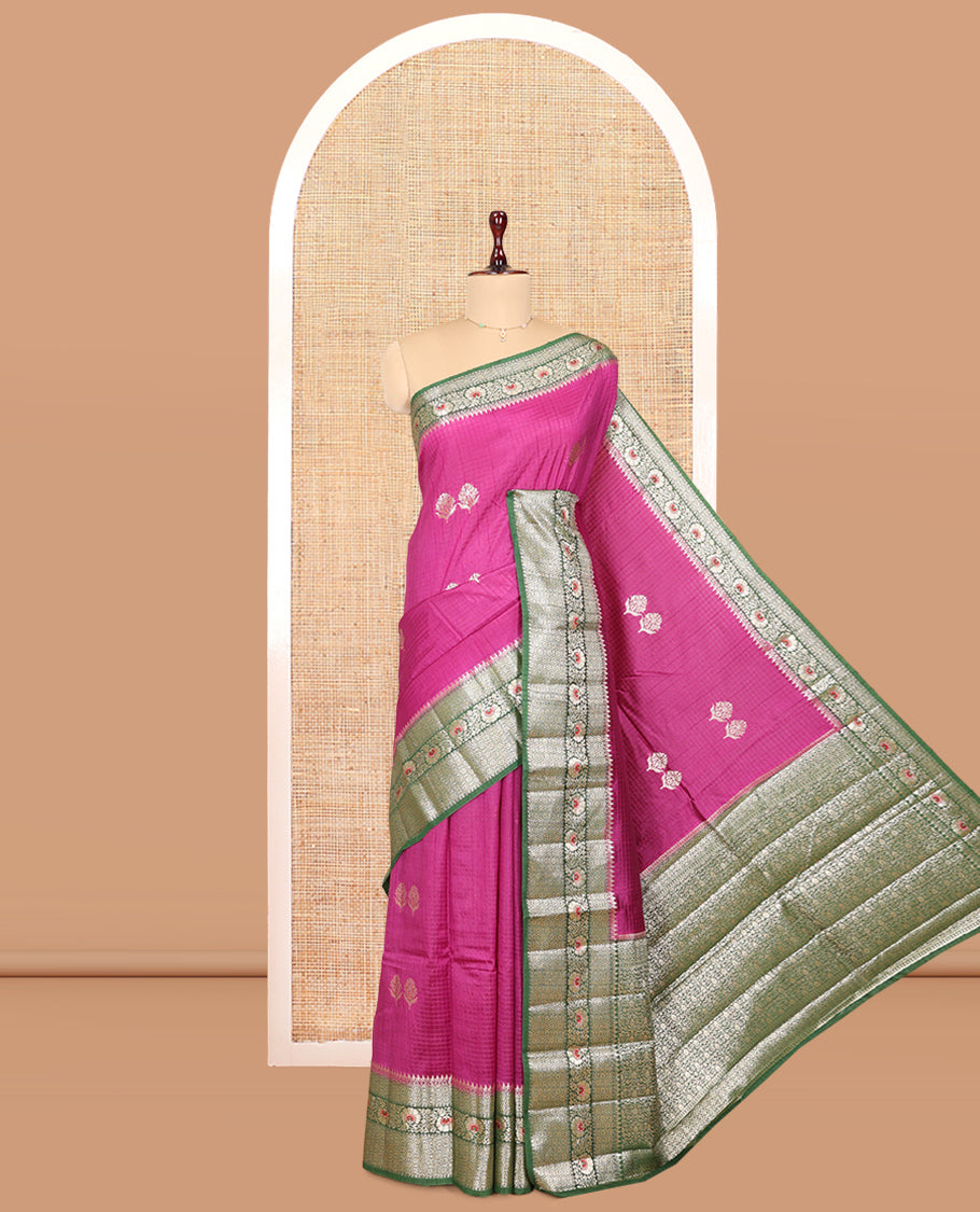 Rani Pink Raw mango Silk Saree, Subtly Sparkled with Checks and Floral Buttas, a Contrast Floral Creeper Border, Intricate Pallu, and a Contrast Blouse