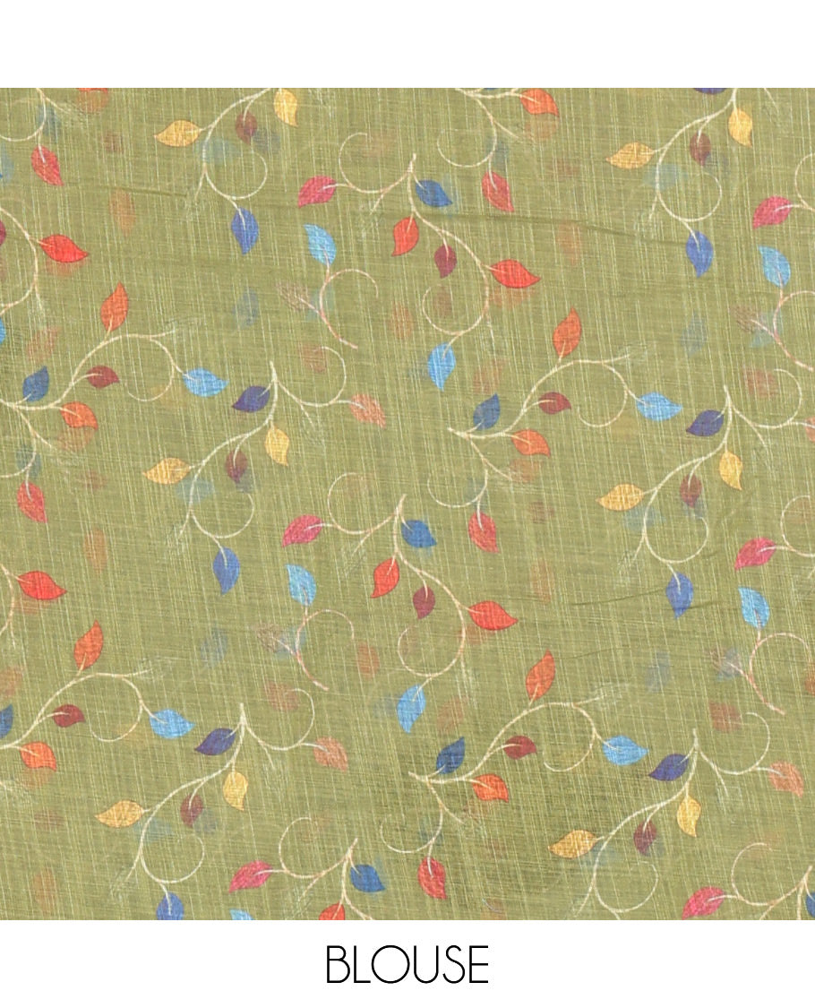 Grey birds motifs linen cotton saree with contrast plain border , birds mofits pallu and leaf printed blouse