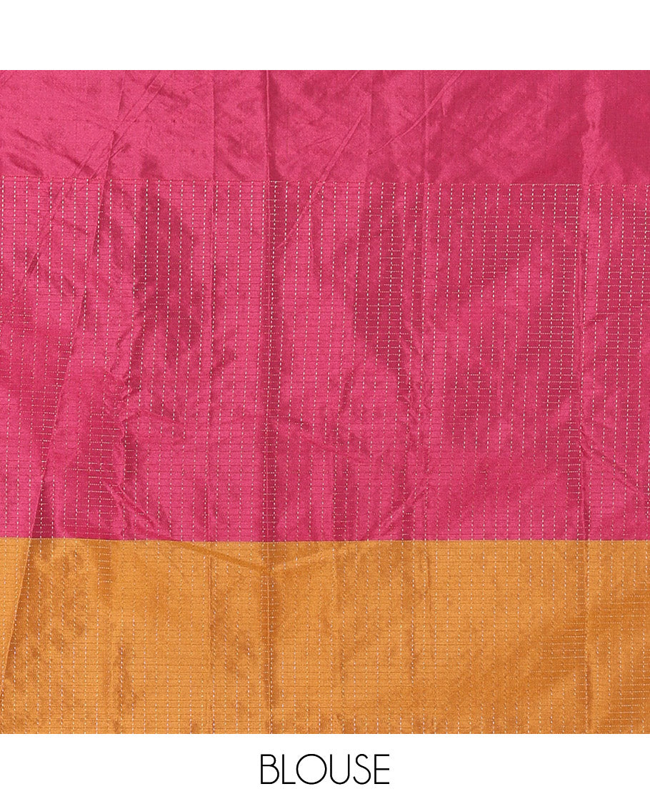 Borderless Green, Mustard, and Magenta Trio-Colored Kanchi Soft Silk Saree Gleamed Up with Micro-Checks on Its Body, Self-Pallu of Stripes, and Paired with a Matching Blouse
