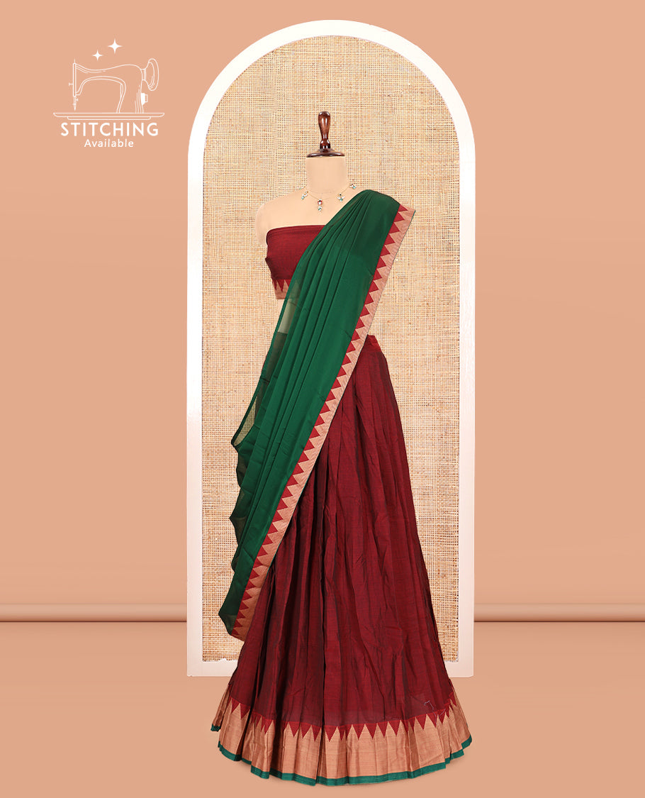 Maroon Mercerised Cotton Half-Saree, Plain Skirt, a Temple Border, a Matching Blouse, Contrast Dhavani