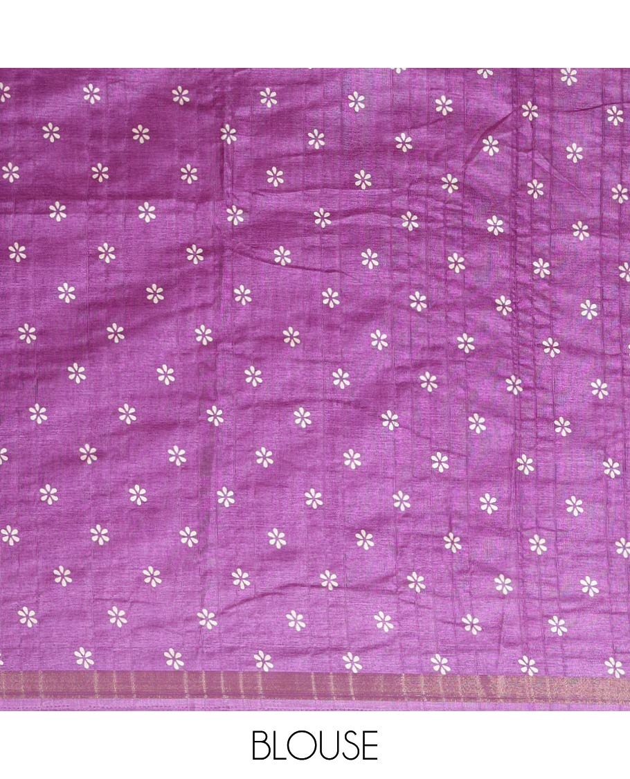 Violet batik-style triangle motifs printed dola silk saree, batik temple motif printed piping zari border & batik geometric printed pallu