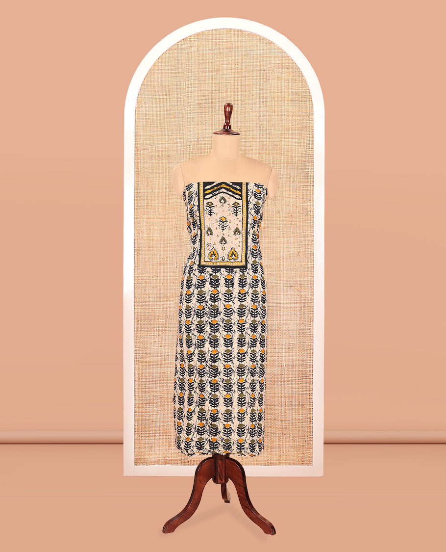 Black-Yellow Cotton Material Chudidar Features Batik-Printed Top, a Contrast-Printed Bottom, Batik-Printed Dupatta