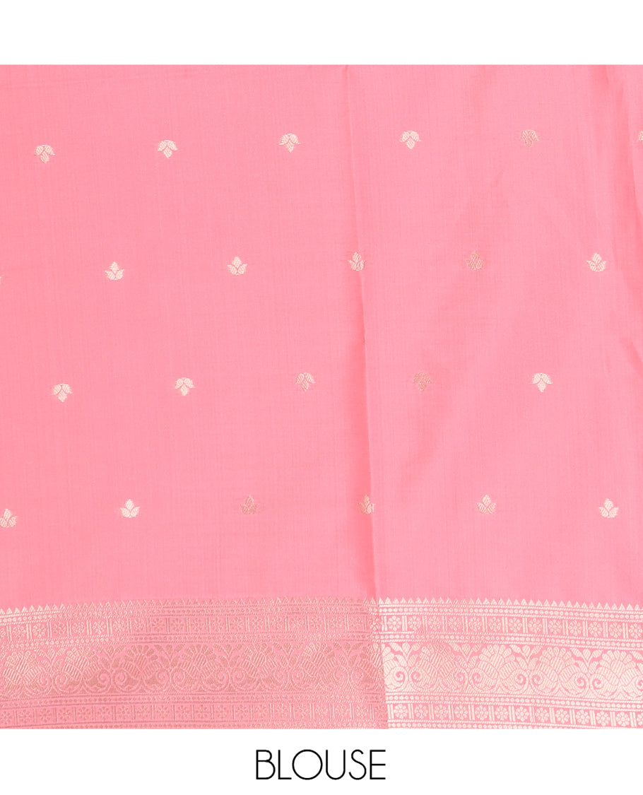 Red Fancy Soft Silk Saree, Graced with Zari Buttas and Stripes, Complemented by Contrast Zari Checked Border, Grand Pallu, and a Contrast Blouse