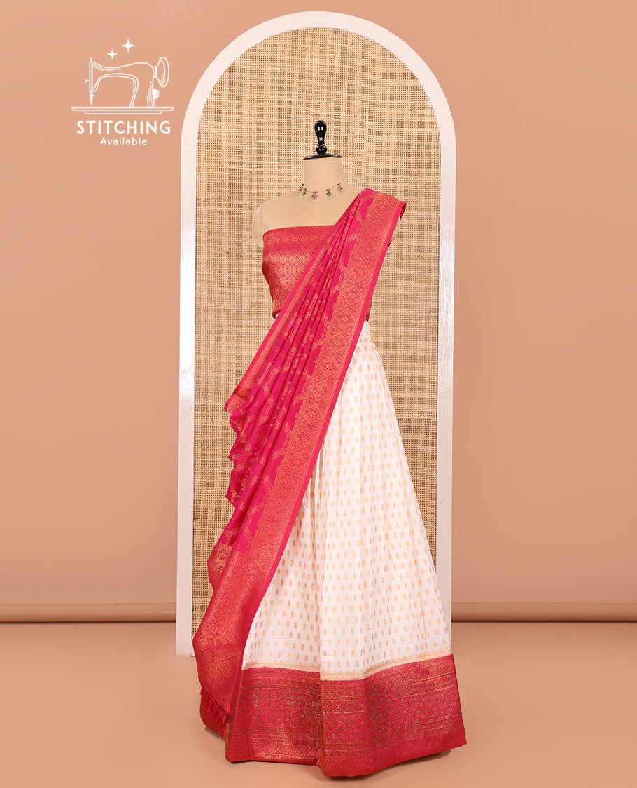 Cream and Pink Pure Georgette Crepe Half-Saree Featuring Buttas all Over Its Skirt, Complemented with Contrast Swarovski Stone Work Border, Paired with a Jacquard Blouse, and Contrast Banarasi Jacquard Dhavani